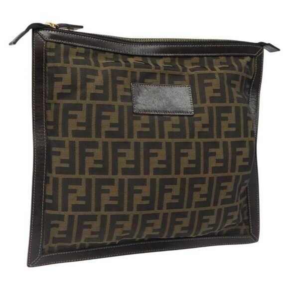FENDI Zucca Canvas Clutch Bag Brown Black gold - Picture 1 of 15